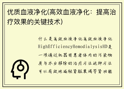 优质血液净化(高效血液净化：提高治疗效果的关键技术)